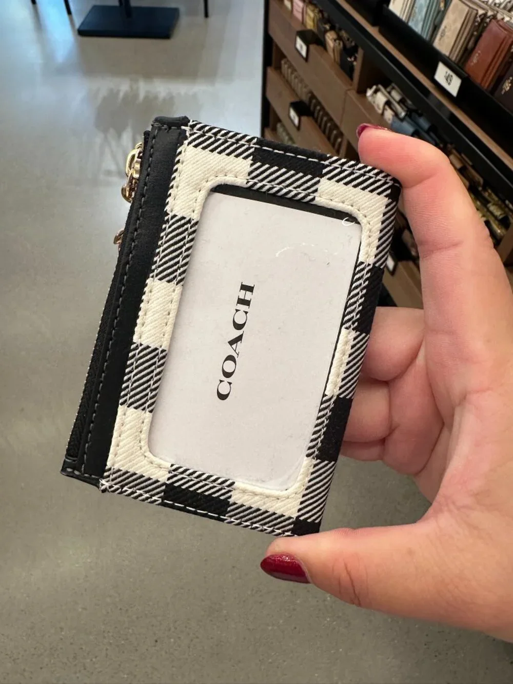 NWT! Coach CFA31 Mini Skinny ID Case With Gingham Print  & Charm In Black Multi